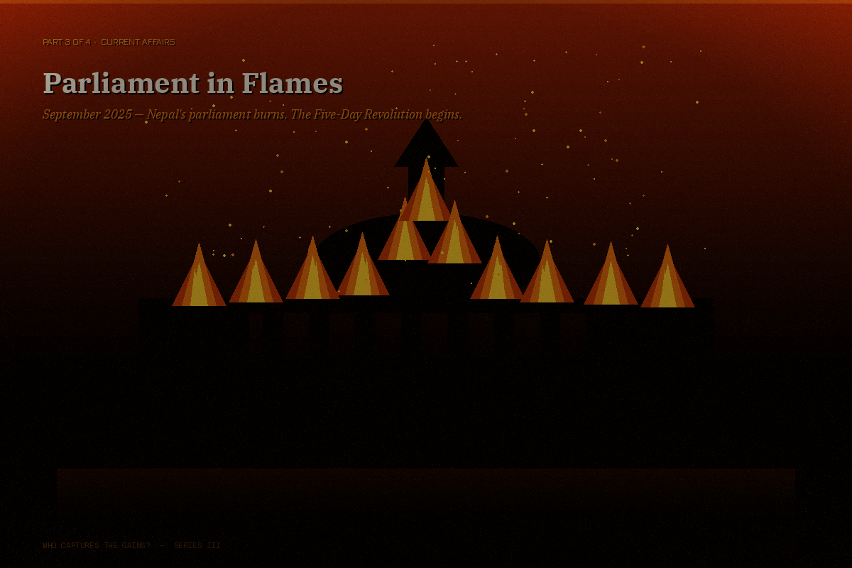 Nepal's parliament building set ablaze during the September 2025 uprising